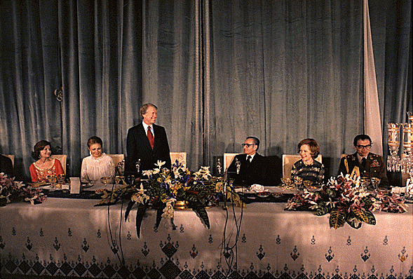 New Year's eve 1978 in Tehran -- Jimmy Carter toasts "the great leadership of the Shah." 