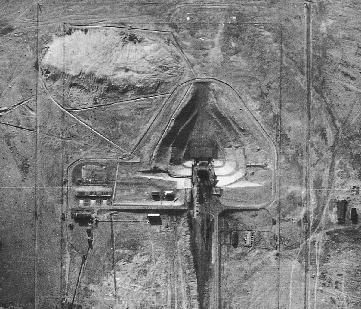 A 28 August 1957 U-2 photo, of unknown magnification, of the launch pad at Tyuratam in the Kazakh SSR.  This mission was the first to acquire good photography of this critical complex. (National Archives and Records Administration, College Park, MD, Record Group 263 [CIA].)